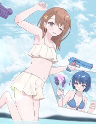 2girls ;d arm_up armpits bare_arms bare_legs bare_shoulders bikini blue_bikini blue_eyes blue_hair blush braid breasts brown_hair cleavage cloud collarbone day flower foot_out_of_frame foot_up frilled_bikini frills front-tie_bikini_top front-tie_top hair_behind_ear hair_flower hair_ornament hanasato_minori hands_up highres holding holding_water_gun inset kiritani_haruka large_breasts looking_at_another medium_breasts medium_hair multiple_girls navel ocean one_eye_closed open_mouth outdoors project_sekai short_hair side_braid sky small_breasts smile standing standing_on_one_leg stomach swimsuit upper_body water water_gun wet white_bikini yaoi919