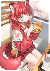 1girl absurdres ahoge akami_karubi animal_ears blue_eyes blush burger cardigan closed_mouth crazy_raccoon cup disposable_cup drinking_straw eating fangs food hair_ornament highres holding holding_burger holding_food indoors looking_at_viewer red_hair red_skirt red_tail shirt sitting skirt socks solo t-shirt tail virtual_youtuber white_socks yoiyoi_uruu