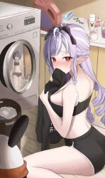 2girls @_@ after_bathing ahoge bangboo_(zenless_zone_zero) belle_(zenless_zone_zero) black_bra black_panties black_shirt blue_hair blush bra breasts commentary drill_hair eous_(zenless_zone_zero) highres large_breasts long_hair mole mole_under_eye multiple_girls panties pointy_ears purple_hair red_eyes shirt sitting smelling smelling_clothes towel towel_around_neck twin_drills underwear vivian_banshee wariza washing_machine youngtatatak zenless_zone_zero