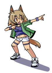 10s 1girl animal_ears brown_eyes brown_hair claws dog_ears dog_girl dog_tail fang female_focus full_body furry furry_female highres kobold monster_girl monster_musume_no_iru_nichijou navel polt rolf_(artist) shadow simple_background solo sweatband tail usain_bolt white_background
