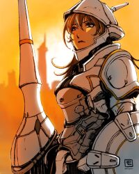 1girl armor brown_hair cosplay full_armor green_eyes gundam gundam_gquuuuuux gyan_(gquuuuuux) highres holding holding_polearm holding_weapon knight knighting lance long_hair moyan polearm shield shoulder_armor solo weapon zeon