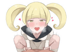 1boy 1girl :d absurdres arched_bangs blonde_hair blush breasts breath collarbone commentary_request dress furisode_girl_(pokemon) furisode_girl_katherine girl_on_top heart hetero highres implied_sex knees konro_(fztc3774) long_sleeves motion_lines nintendo open_mouth pokemon pokemon_xy pov simple_background smile socks spread_legs sweat teeth tongue twintails upper_teeth_only white_background white_dress