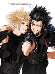 2boys aqua_eyes arm_around_shoulder armor bandaged_arm bandages belt black_gloves black_hair black_pantyhose black_shirt blonde_hair chaosrice closed_eyes cloud_strife cross_scar earrings english_text facial_scar final_fantasy final_fantasy_vii final_fantasy_vii_rebirth final_fantasy_vii_remake gloves grin hair_slicked_back half-closed_eyes hand_on_own_hip highres jewelry long_hair looking_at_another male_focus multiple_belts multiple_boys pantyhose parted_lips pauldrons scar scar_on_cheek scar_on_face sharp_teeth shirt short_hair shoulder_armor sideburns single_earring single_pauldron sleeveless sleeveless_shirt smile speech_bubble suspenders teeth upper_body white_background yaoi zack_fair
