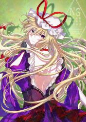 Rule 34 | 1girl, alto2019, back, bare back, blonde hair, choker, commentary, dress, frills, green background, hair between eyes, hair ribbon, hat, highres, light smile, long hair, looking at viewer, looking back, mob cap, purple dress, purple eyes, ribbon, solo, touhou, traditional media, upper body, watermark, yakumo yukari