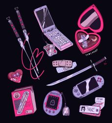 artist_name bandaid black_background bobby_pin box butterfly_ornament cellphone cellphone_charm charm_(object) commentary crack cracked_screen crescent flip_phone food ghost_ornament handheld_game_console heart heart-shaped_box heart-shaped_ornament heart_print hello_kitty hello_kitty_(character) hello_kitty_print juice_box katana key knitting_needle limited_palette multiple_heads myon_(tokipi) needle no_humans object_focus original phone pink_theme playstation_portable receipt sanrio signature simple_background string stuffed_animal stuffed_toy sword symbol-only_commentary tamagotchi tamagotchi_(virtual_pet) teddy_bear ticket weapon