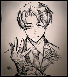 Rule 34 | 1boy, closed mouth, coat, collared shirt, greyscale, hand up, highres, library of ruina, long sleeves, looking at viewer, male focus, monochrome, necktie, nib pen (medium), parted bangs, pen (medium), photo (medium), portrait, project moon, roland (project moon), shirt, simple background, solo, surumenabe, traditional media, wing collar
