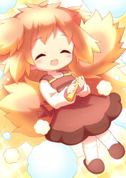 Rule 34 | 1girl, :d, ^ ^, aikei ake, blush, brown dress, brown hair, brown slippers, chibi, closed eyes, collarbone, commentary request, dress, duster, full body, holding, long hair, long sleeves, open mouth, original, personification, shirt, sleeveless, sleeveless dress, slippers, smile, socks, solo, very long hair, white shirt, white socks
