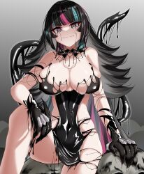 Rule 34 | 1girl, absurdres, black collar, black dress, black gloves, black hair, black liquid, blue eyes, blue hair, breasts, cleavage, collar, covered navel, dress, emma llama, gloves, highres, indie virtual youtuber, ink, ink stain, large breasts, liquid clothes, liquid dress, liquid from eyes, liquid tail, long hair, multicolored eyes, multicolored hair, navel, pink eyes, pink hair, shiny skin, sitting, skindentation, smile, solo, streaked hair, two-tone eyes, valella moon, virtual youtuber