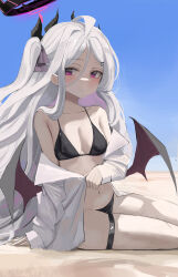 1girl absurdres arm_support bikini black_bikini black_halo black_horns blue_archive blue_sky breasts day demon_horns demon_wings halo highres hina_(blue_archive) horns huge_filesize loli long_hair moji_(m_0j_4) multiple_horns navel open_clothes open_shirt outdoors purple_eyes shirt sky small_breasts solo swimsuit thigh_strap white_hair white_shirt wings