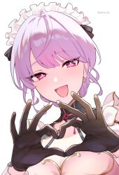 Rule 34 | 1girl, :d, absurdres, ahoge, artist name, black dress, black gloves, blush, braid, breasts, cleavage, cleavage cutout, clothing cutout, colored bangs, commentary request, dress, earrings, eyelashes, gloves, gradient hair, hands up, heart, heart hands, highres, jewelry, kozue mone, kozue mone (maid), large breasts, long sleeves, looking at viewer, maid, maid headdress, multicolored hair, nape braid, nijisanji, official alternate costume, official alternate hairstyle, open mouth, pink eyes, pink hair, purple hair, qi maid, sierra fall, simple background, smile, solo, twitter username, upper body, virtual youtuber, white background