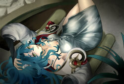1girl :d arms_up autumn_(autumn_546) bare_shoulders blue_hair chair cowboy_shot desk dress fangs from_above green_eyes hand_on_own_head highres hissabeth jacket long_hair looking_at_viewer off_shoulder on_chair open_mouth paper pencil_dress plant reverse:1999 short_dress silver_dress sitting sleeveless sleeveless_dress smile snake snake_on_head solo spaghetti_strap upside-down white_jacket