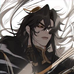 Rule 34 | 1boy, absurdres, black hair, black sclera, closed mouth, colored sclera, eyepatch, floating hair, hair between eyes, high collar, highres, long hair, looking at viewer, male focus, nakddidi, original, simple background, solo, upper body, white background, yellow eyes