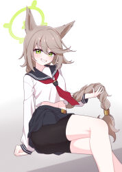 1girl absurdres animal_ears bike_shorts black_shorts black_skirt blue_archive brown_hair densaneraa feet_out_of_frame fox_ears green_eyes green_halo grin halo highres long_braid long_hair long_sleeves midriff_peek neckerchief otogi_(blue_archive) red_neckerchief shirt shorts sitting skirt smile solo white_shirt