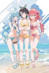 3girls :d absurdres ahoge alternate_costume beach bikini black_hair blue_bikini blue_eyes blue_hair blunt_bangs braid closed_mouth commentary_request crossed_arms day detached_sleeves double-parted_bangs double_v floral_print_bikini flower frilled_bikini frills front-tie_bikini_top front-tie_top full_body green_eyes hair_between_eyes hair_flaps hair_flower hair_ornament hair_over_shoulder halterneck hand_on_another&#039;s_shoulder hands_up highres hololive hololive_dev_is innertube lightning_ahoge long_hair looking_at_viewer low_twin_braids mizumiya_su multicolored_hair multiple_girls navel nel_dcm official_alternate_costume one_side_up oozora_subaru oozora_subaru_(hololive_summer_2019) open_mouth outdoors pink_bikini pink_hair sakura_miko sandals short_hair side-tie_bikini_bottom smile stomach streaked_hair striped_bikini striped_clothes swept_bangs swim_ring swimsuit toes twin_braids v very_long_hair virtual_youtuber white_sleeves yellow_bikini