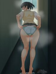 1girl amagami ass barefoot black_eyes black_hair blue_panties blush clothes_lift collared_shirt commentary from_behind full_body grey_skirt hanaguma highres indoors kibito_high_school_uniform legs looking_at_viewer looking_back open_mouth panties pleated_skirt ponytail profile school_uniform shirt shoes short_hair short_sleeves skirt skirt_lift solo standing summer_uniform sweat sweater_vest thighs tiptoes tsukahara_hibiki underwear undressing unworn_shoes wet wet_clothes wet_panties wet_shirt white_shirt yellow_sweater_vest