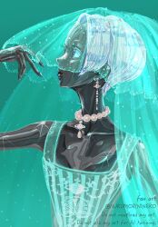 Rule 34 | 1other, black skin, cairngorm (houseki no kuni), colored skin, dress, earrings, green background, green dress, highres, houseki no kuni, jewelry, looking to the side, necklace, nukumorineko, pearl necklace, pixie cut, see-through clothes, see-through dress, short hair, veil, white hair