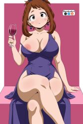 1girl absurdres blush_stickers boku_no_hero_academia breasts brown_eyes brown_hair crossed_legs cup dress drinking_glass dunkuart highres large_breasts nipples no_bra purple_dress sitting solo uraraka_ochako wine_glass