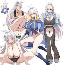 1girl absurdres bare_shoulders belt bikini black_pants black_sandals black_shorts black_tank_top blue_boots blue_flower blue_jacket blush boots bracelet breasts cameltoe camisole cape cellphone chibi chibi_inset chozgum cleavage closed_mouth collarbone commission covered_erect_nipples cropped_hoodie crotchless crotchless_pants epaulettes eyeliner flower full_body grey_hair hair_between_eyes hair_flower hair_ornament hair_ribbon hand_on_own_hip high_heel_boots high_heels highres holding holding_phone hood hood_down hoodie jacket jewelry light_blush long_hair looking_at_viewer makeup multiple_views navel no_pants off_shoulder open_mouth original panties pants phone platform_sandals red_eyeliner ribbon sandals short_shorts shorts side-tie_panties sidelocks simple_background sling_bikini_top smartphone smile spread_legs squatting standing string_panties swimsuit tank_top thigh_strap thighs underwear v white_background white_camisole white_hair white_panties white_ribbon