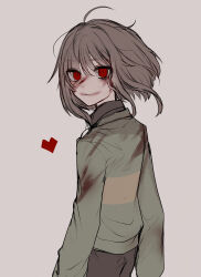 1other absurdres animification back blood blood_on_clothes blood_on_face brown_hair brown_pants chara_(undertale) closed_mouth commentary_request cowboy_shot floating_hair from_behind green_sweater hair_between_eyes heart highres implied_murder long_sleeves looking_at_viewer looking_back mo_11220088 other_focus pants puffy_long_sleeves puffy_sleeves red_eyes short_hair simple_background single_stripe solo standing striped_clothes striped_sweater sweater undertale white_background