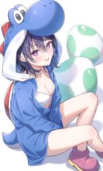1girl animal_hood between_legs bikini black_choker black_hair blue_hoodie breasts choker cleavage closed_mouth earrings hair_between_eyes hand_between_legs highres hood hoodie ichinose_uruha jewelry long_sleeves looking_at_viewer medium_hair partially_unzipped purple_eyes shoes sitting small_breasts smile solo string_bikini swimsuit thighs toki_(toki_ship8) tongue tongue_out virtual_youtuber vspo! white_bikini yoshi yoshi_egg