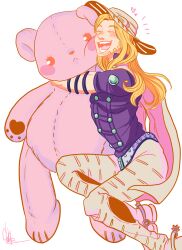 1boy absurdres agileo-101 beard belt blonde_hair cape closed_eyes commentary commission cowboy_hat english_commentary facial_hair goggles goggles_on_headwear grey_belt grey_hat gyro_zeppeli hat heart highres hugging_doll hugging_object jojo_no_kimyou_na_bouken large_teddy_bear long_hair male_focus purple_shirt shirt short_sleeves signature solo spurs steel_ball_run stuffed_animal stuffed_toy teeth yellow_cape