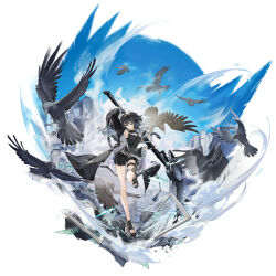 1girl absurdres ahoge arknights armpits bird black_bird black_coat black_gloves black_hair black_sandals black_shorts breasts chinese_commentary coat commentary_request faux_figurine fingerless_gloves flying_burrito_cat gloves grey_eyes hair_ornament hairclip highres holding holding_behind_back holding_scythe holding_weapon_behind_back knee_up la_pluma_(arknights) looking_at_viewer medium_breasts open_clothes open_coat parted_lips sandals scythe short_hair shorts solo standing standing_on_one_leg