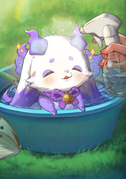 Rule 34 | absurdres, animal focus, bell, bottle, closed eyes, commentary request, creature, grass, highres, jingle bell, lunlun (nijisanji), nijisanji, open mouth, outdoors, pov, pov hands, spray bottle, tagme, wari sando, water