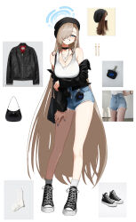 1girl absurdres alternate_costume anyak05 arm_up asuna_(blue_archive) asymmetrical_bangs bare_legs beanie black_bag black_bra black_choker black_hat black_jacket blue_archive blush bra bra_strap breasts brown_hair casual choker cleavage collarbone commentary commission converse denim denim_shorts earrings fingernails full_body hair_over_one_eye halo hat highres jacket jacket_partially_removed jewelry large_breasts leather leather_jacket long_hair looking_at_viewer mole mole_on_breast nail_polish necklace one_eye_covered photo-referenced reference_inset short_shorts shorts smile socks solo straight_hair tank_top underwear very_long_hair white_socks white_tank_top