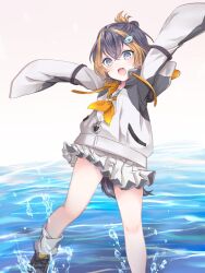 Rule 34 | 1girl, :d, animal hood, arms up, bird tail, black hair, blonde hair, blue eyes, blush, fish hair ornament, folded ponytail, hair between eyes, hair ornament, highres, hood, hoodie, in water, irie (engawaittyou), legs, looking at viewer, multicolored hair, neckerchief, nijisanji, nijisanji en, open mouth, penguin hood, petra gurin, petra gurin (1st costume), pleated skirt, skirt, sleeves past fingers, sleeves past wrists, smile, solo, splashing, streaked hair, tail, virtual youtuber, white skirt, yellow neckerchief