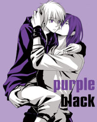 2boys arm_around_neck bracelet closed_mouth commentary_request cowboy_shot english_text frown hair_between_eyes hand_on_another&#039;s_head hood hood_down hooded_jacket jacket jewelry kain_(scoop_channel) kuroko_no_basuke kuroko_tetsuya licking licking_another&#039;s_face lifting_person long_sleeves male_focus medium_hair mole mole_under_mouth multiple_boys murasakibara_atsushi open_clothes open_jacket pants purple_background purple_eyes purple_hair purple_jacket purple_pants purple_theme shirt short_hair simple_background yaoi zipper