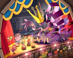 6+boys 6+girls admiral_bobbery arm_up audience battle beldam blonde_hair blooey_(paper_mario:_the_thousand_year_door) blue_hat blue_overalls bootler bow_(paper_mario) bowser breasts brown_shoes cameo closed_mouth count_bleck crown curtains doopliss dress egg eye_mask facial_hair flavio floating flurrie gloves goombario goombella grey_hair hat helmet hiding highres holding holding_egg jolene_(paper_mario) jumping kammy_koopa koops looking_at_another luigi maribou_(supermaribou) marilyn_(paper_mario) mario mario_(series) mini-yoshi ms._mowz multiple_boys multiple_girls mustache nastasia newsboy_cap nintendo open_mouth overalls paper_mario paper_mario:_the_thousand-year_door paper_mario_64 paper_peach peeking_out pink_hair pink_hat ponytail possessed prince_mush princess_peach professor_frankly purple_dress purple_hair red_hair red_hat red_shirt shadow_queen ship&#039;s_wheel shirt shoes sir_grodus smile stage striped_clothes striped_headwear super_paper_mario tippi_(paper_mario) vivian_(paper_mario) watching whacka white_gloves white_hair white_hat witch_hat x-naut yellow_hat yoshi