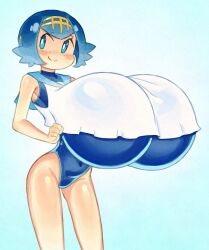 1girl angstrom ass blue_eyes blue_hair breasts closed_mouth female_focus game_freak gigantic_breasts highres lana_(pokemon) nintendo oppai_loli pokemon pokemon_sm short_hair smile