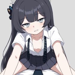 1boy 1girl black_hair black_skirt blue_archive breasts butterfly_hair_ornament collared_shirt commentary_request girl_on_top grey_background grey_eyes grey_halo grin hair_ornament halo hetero highres io9 kisaki_(blue_archive) korean_commentary loli long_hair looking_at_viewer necktie pleated_skirt pov shirt short_sleeves simple_background skirt small_breasts smile solo_focus straddling undone_necktie white_shirt