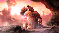 1boy 1girl ape barefoot brown_hair donkey_kong donkey_kong_(series) donkey_kong_bananza highres key_visual leaning_on_person lens_flare looking_at_another looking_to_the_side necktie nintendo official_art pauline_(mario) pauline_(young)_(mario) promotional_art red_necktie rock sitting sleeveless smile
