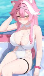 1girl 4kebidayo absurdres animal_ears bare_shoulders blush breasts choker cleavage closed_mouth collarbone hair_intakes highres hololive hololive_english huge_breasts long_hair multicolored_hair one-piece_swimsuit panther_ears panther_girl panther_tail pink_hair raora_panthera solo streaked_hair swimsuit tail thighs virtual_youtuber white_choker white_hair white_one-piece_swimsuit yellow_eyes