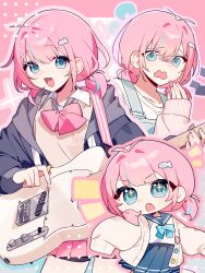 1girl :d antenna_hair bike_shorts black_jacket black_shoes blue_bow blue_bowtie blue_eyes blue_sailor_collar blue_skirt blush bow bowtie brown_cardigan cardigan chibi chibi_inset collarbone collared_shirt commentary covering_own_mouth diamond_(shape) english_commentary fang fish_hair_ornament guitar hair_ornament hand_over_own_mouth heart highres holding holding_guitar holding_instrument holding_plectrum instrument jacket long_sleeves looking_at_viewer low_twintails microskirt miniskirt multiple_views open_clothes open_jacket open_mouth original orphaneater_io overalls pink_background pink_bow pink_bowtie pink_hair pink_skirt pleated_skirt plectrum sailor_collar school_uniform serafuku shirt shoes short_hair short_twintails sidelocks skirt sleeves_past_fingers sleeves_past_wrists smile sparkling_eyes standing sweat sweatdrop twintails wavy_mouth white_shirt wing_collar