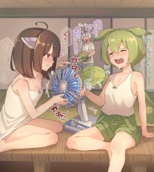 3girls ahoge animal_ears antenna_hair arm_support armpits bangohan_tsubuyakitarou beads black_hair blush bob_cut clenched_teeth closed_eyes commentary electric_fan flat_chest foot_out_of_frame from_side green_shorts hair_beads hair_ornament hand_fan highres holding holding_fan indoors knife_hair_ornament looking_at_another melting_popsicle multiple_girls on_floor pink_shorts ponytail red_eyes shorts shouji sidelocks sitting sleeveless sliding_doors sound_effects soybean speech_bubble summer sweat tatami teeth tomboy touhoku_itako touhoku_kiritan translated wariza wooden_ceiling wooden_floor zundamon