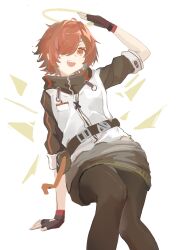1girl :d absurdres arknights arm_up black_gloves black_sleeves brown_pantyhose chinese_commentary commentary detached_wings exusiai_(arknights) feet_out_of_frame fingerless_gloves gloves grey_skirt hair_over_one_eye halo highres invisible_chair jacket looking_at_viewer one_eye_covered open_mouth orange_eyes pantyhose reach_far_away_(viuooczy) red_gloves red_hair salute short_hair simple_background sitting skirt smile solo teeth traditional_halo upper_teeth_only white_background white_jacket wings yellow_halo