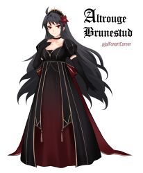 1girl alternate_design altrouge_brunestud artist_name black_choker black_dress black_gloves black_hair character_name choker commentary dress english_commentary flower gloves hair_flower hair_ornament hand_on_own_chest head_ornament highres ilovefigures light_smile long_dress long_hair long_sleeves puffy_short_sleeves puffy_sleeves red_eyes red_flower short_sleeves solo tsukihime very_long_hair