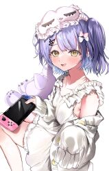 1girl absurdres alternate_costume armpit_crease bare_shoulders bow cardigan colored_inner_hair dow_suitable dress hair_bow hair_ornament highres looking_at_viewer multicolored_hair nintendo_switch off_shoulder open_cardigan open_clothes open_mouth parted_bangs purple_hair shinomiya_runa simple_background sleep_mask sleeveless sleeveless_dress solo stuffed_toy two_side_up virtual_youtuber vspo! white_background white_cardigan white_dress x_hair_ornament yellow_eyes