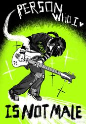 1girl absurdres baggy_pants band_shirt bass_guitar belt chain chinese_commentary clothes_writing commentary_request derivative_work dutch_angle electric_bass_guitar english_text green_background greyscale_with_colored_background highres instrument jewelry kininatteru_hito_ga_otoko_ja_nakatta koga_mitsuki layered_sleeves leaning_forward long_sleeves merchandise movie_poster music nail_polish necklace nirvana_(band) pants parody patchwork_clothes playing_bass_guitar playing_instrument plectrum ponytail poster_(medium) poster_parody print_shirt rickenbacker_4001 scott_pilgrim_(series) scott_pilgrim_vs_the_world_(movie) shehuiha_shibai_xiaogou shirt shoes sneakers solo spot_color striped_clothes striped_shirt t-shirt torn_clothes torn_pants watermark weibo_username weibo_watermark