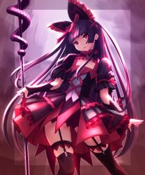 Rule 34 | 1girl, black garter straps, black hair, black thighhighs, blunt ends, bow, commentary, cowboy shot, dress, garter straps, gate - jieitai ka no chi nite kaku tatakaeri, hair bow, highres, holding, holding polearm, holding weapon, long hair, looking at viewer, polearm, puffy short sleeves, puffy sleeves, red bow, red eyes, rory mercury, short sleeves, simple background, smile, solo, standing, thighhighs, weapon, wu niang