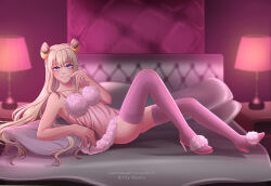Rule 34 | 1girl, artist name, bed, bedroom, blonde hair, blue eyes, code geass, code geass: boukoku no akito, commission, cone hair bun, fluff, full body, hair bun, lamp, leila malcal, long hair, looking at viewer, on bed, pillow, pink shoes, purple thighhighs, shoes, sleepwear, smile, solo, thighhighs, vsasha