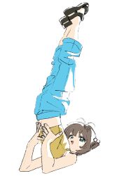 1girl back black_sandals brown_hair capri_pants cardcaptor_sakura commentary green_eyes hair_bobbles hair_ornament highres kinomoto_sakura nnn-ollll open_mouth pants sandals simple_background solo sports_sandals yoga