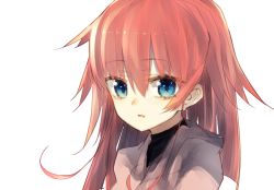 1girl aqua_eyes black_shirt female_focus highres looking_at_viewer open_mouth portrait red_hair riuichi shirt simple_background solo white_background