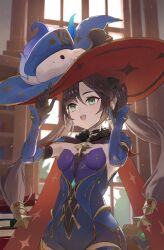 1girl absurdres black_gloves black_hair blue_hat blue_leotard breasts commentary cowboy_shot detached_sleeves elbow_gloves elmo_(st_elmomomo) genshin_impact gloves green_eyes hat highres indoors leotard long_hair mona_(genshin_impact) open_mouth small_breasts solo twintails witch_hat