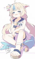 1girl ahoge animal_ear_fluff animal_ears ankle_bow ankle_ribbon blue_streaks bow cat_ears dress ears_down fins fish_girl fish_tail frilled_sailor_collar frills grimace highres inaririn indie_virtual_youtuber lifebuoy_anklet lifebuoy_hair_ornament long_hair looking_at_viewer low_twintails multicolored_hair navel one_side_up open_clothes open_dress pulling_own_clothes ribbon sailor_collar sailor_dress sameko_saba sandals short_shorts shorts sitting solo streaked_hair tail twintails very_long_hair virtual_youtuber white_background white_dress white_shorts