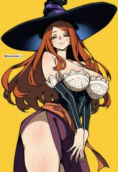 1girl absurdres bare_shoulders black_sleeves breasts bright_pupils cleavage cowboy_shot curvy detached_sleeves dragon&#039;s_crown dress hat highres huge_breasts komatsuki_n large_breasts large_hat long_hair looking_at_viewer orange_eyes orange_hair seductive_smile shiny_skin side_slit simple_background smile solo sorceress_(dragon&#039;s_crown) standing strapless strapless_dress teeth thighs twitter_username v_arms vertical-striped_sleeves white_pupils wide_hips witch_hat yellow_background