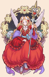 1girl alfin_reise_arnor angel_wings artist_name blonde_hair breasts closed_mouth dress eiyuu_densetsu feathered_wings full_body hair_ornament hajimari_no_kiseki head_wings holding holding_staff long_hair looking_at_viewer mage_staff medium_breasts meziosaur out_of_frame parted_bangs red_dress red_shoes shoes smile solo staff standing very_long_hair white_wings wing_hair_ornament wings