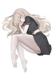 1girl absurdres black_serafuku black_skirt blonde_hair blush feet full_body highres laneigu legs long_hair midriff miniskirt mole mole_on_cheek neckerchief original pantyhose pleated_skirt sailor_collar school_uniform serafuku shirt skirt soles solo thighs toes white_pantyhose yellow_eyes